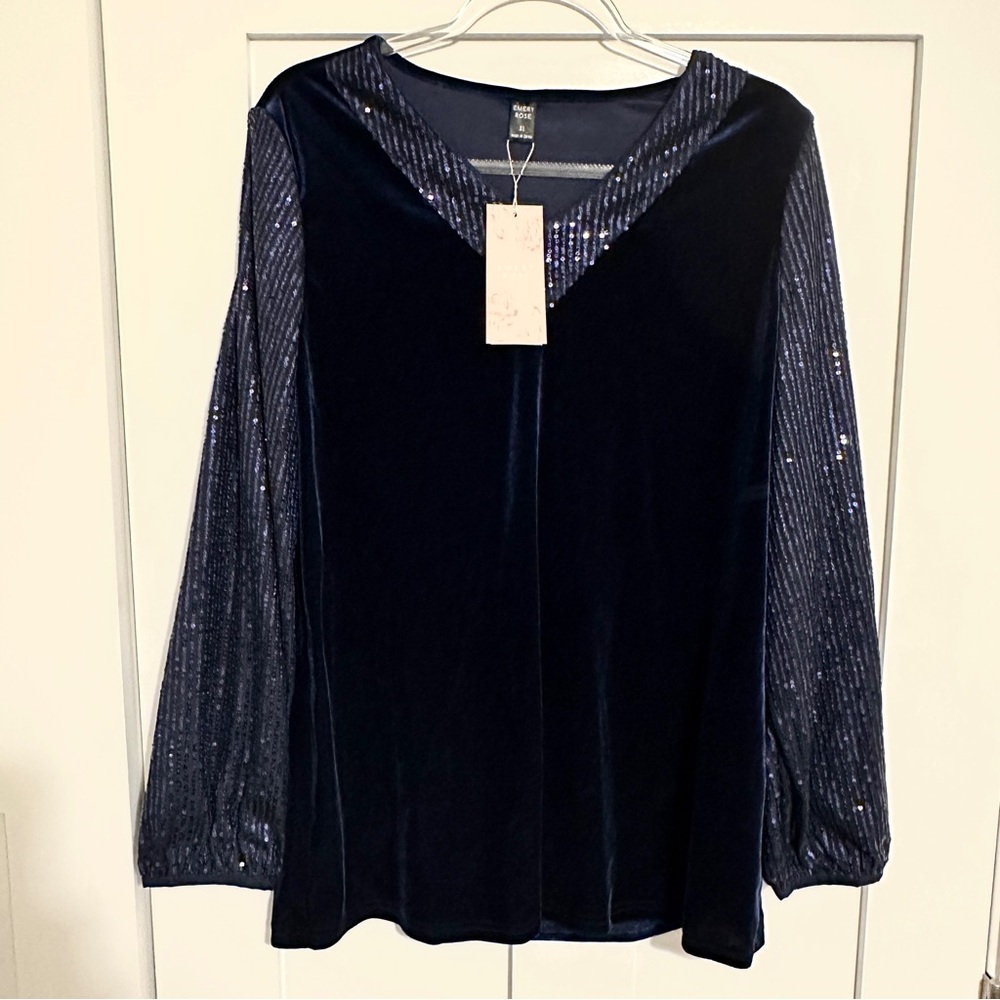 Emery Rose Velvet Top with Sequin Sleeves